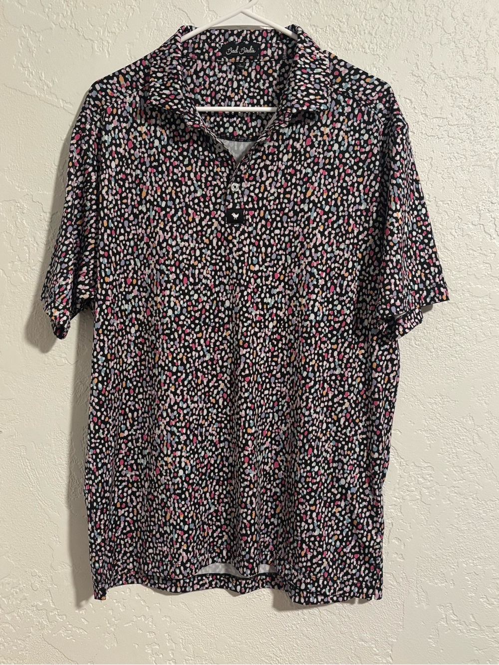 Bad Birdie Black Polo with Pink, White, Blue and Peach Dot Print